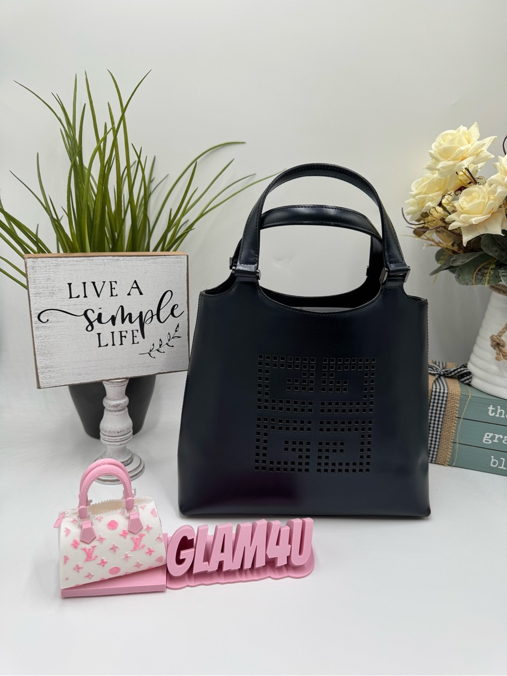 Givenchy Perforated 4G Logo Leather Shoulder Bag Tote Black/Blue